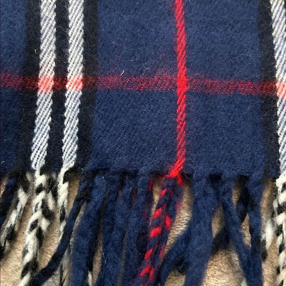 Cashmere Plaid Fringe Scarf in Navy and Red 100% Kashmir by Royal Rossi